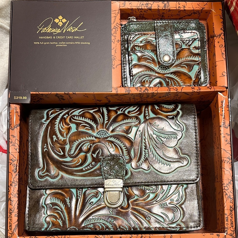 Patricia Nash Brown and Teal Embossed Leather Set
